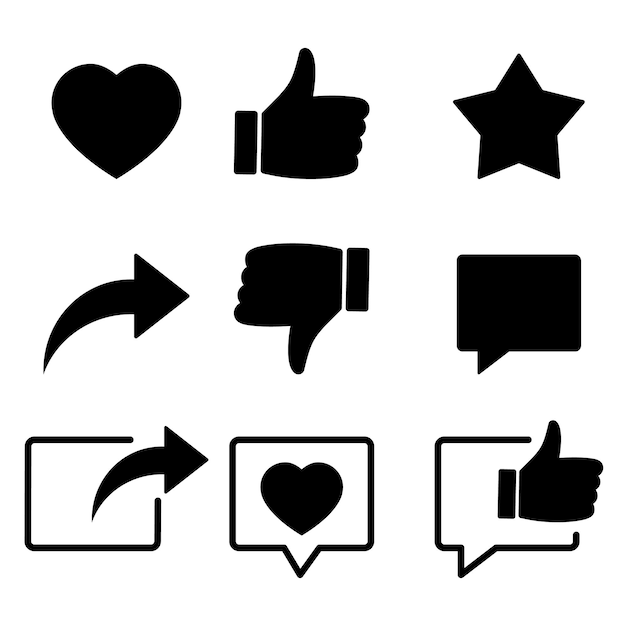 Collection of social media icons, symbolizing social interaction and giving likes, thumbs up buttons. like icon, heart and share sign. vector isolated on white background