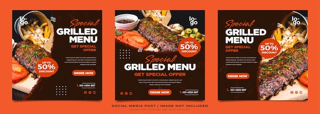 Vector collection social media post for grill restaurant promotion with premium vector