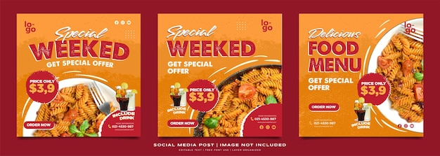 Raccolta di post sui social media per la promozione del ristorante con vettore premium