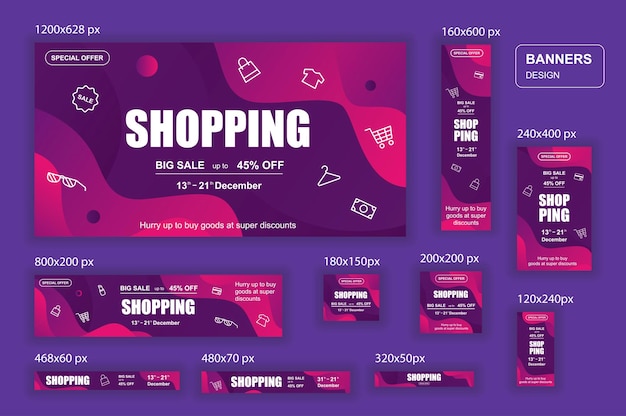 Raccolta di banner web di social network di diverse dimensioni per annunci di shopping