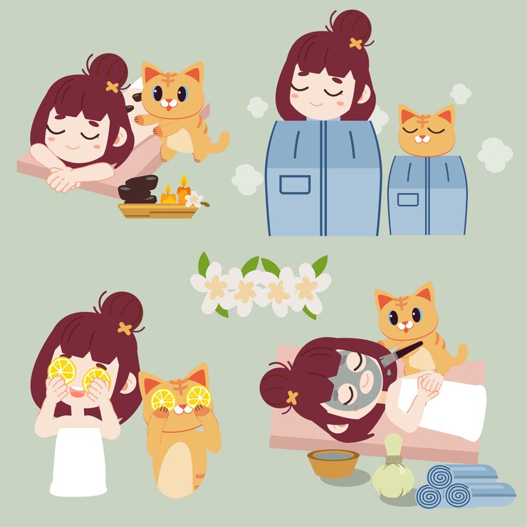 The collection of spa.The character of girl and cat in hot stone spa treatments.