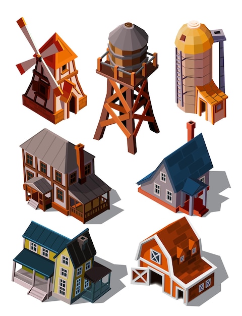 Collezione di fabbricati agricoli speciali, case in stile europeo per la grafica di giochi 3d dei cartoni animati. set con elementi dell'ambiente di gioco isolati su sfondo bianco