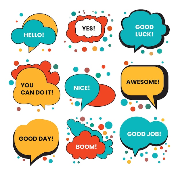 A collection of speech bubbles with the word good and good day on them.