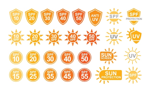 SPF 및 UV 태양 보호 라벨 또는 흰색 배경에 격리된 표지판의 컬렉션입니다. 자외선 차단제 및 황갈색 제품 또는 피부 화장품을 위한 단순한 평면 스타일의 다채로운 창의적 벡터 그림