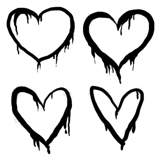 Collection of Spray painted graffiti heart sign in black over white Love heart drip symbol isolated on white background vector illustration