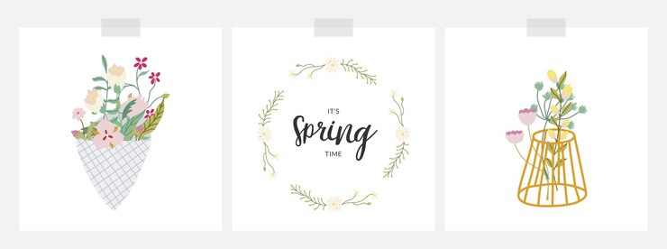 Vector collection of spring cards with flowers hand drawn illustrations  in minimalist vase in bouquet