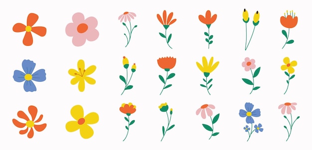 Collezione di elementi floreali colorati di primavera vettore set floreale illustrazione di fiori disegnata a mano