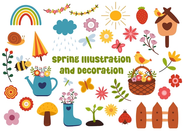 Vector collection of spring illustrations and decoration icons