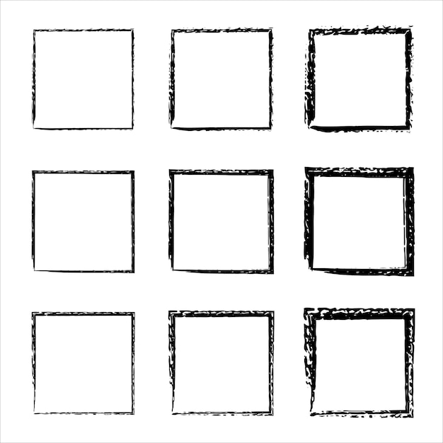 Vector collection of square black hand drawn grunge frames borders set set of design elements