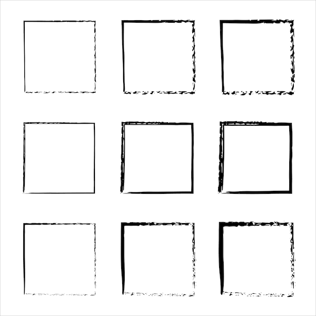 Collection of square black hand drawn grunge frames Vector black painted squares Vector borders grunge template set