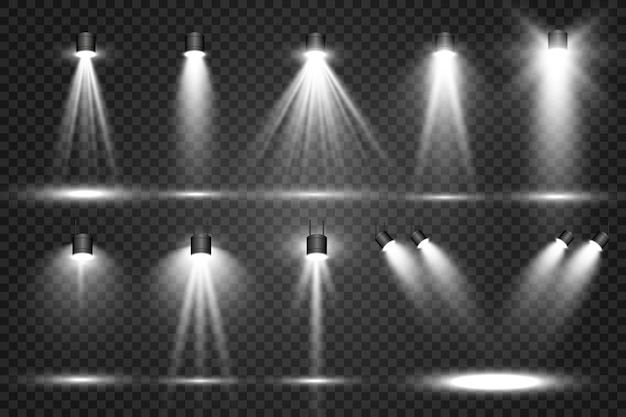 Vector collection of stage lighting catwalk or platform transparent effects bright lighting