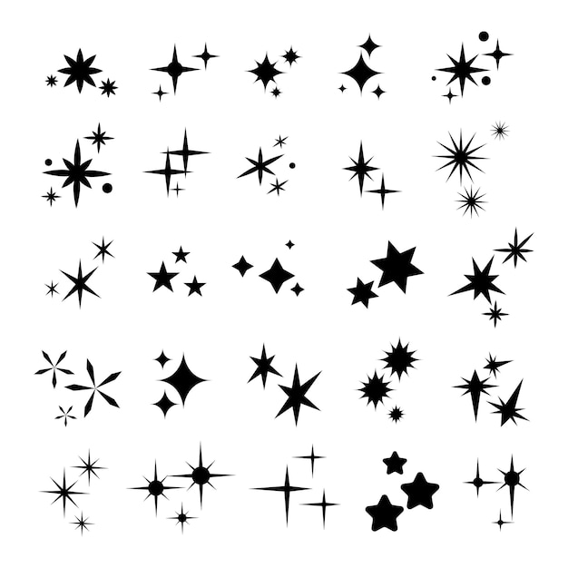 白い背景に輝くきらめく黒いシルエットの星のコレクション