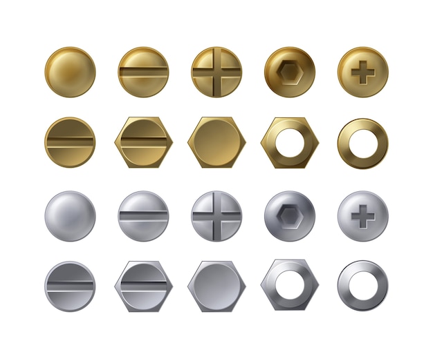 Vector collection of steel and brass heads of screws bolts