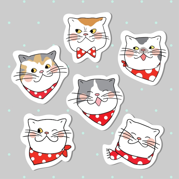 Collection sticker head of funny cat with beauty scarf