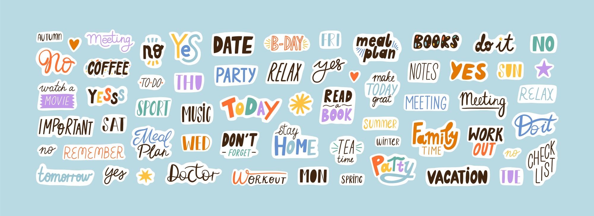 Premium Vector | Collection of sticker words template vector flat illustration. bundle of decoration for weekly or daily planner and diaries isolated on white. funny decor with trendy lettering and design elements. Premium Vector | Collection of sticker words template vector flat illustration. bundle of decoration for weekly or daily planner and diaries isolated on white. funny decor with trendy lettering and design elements.