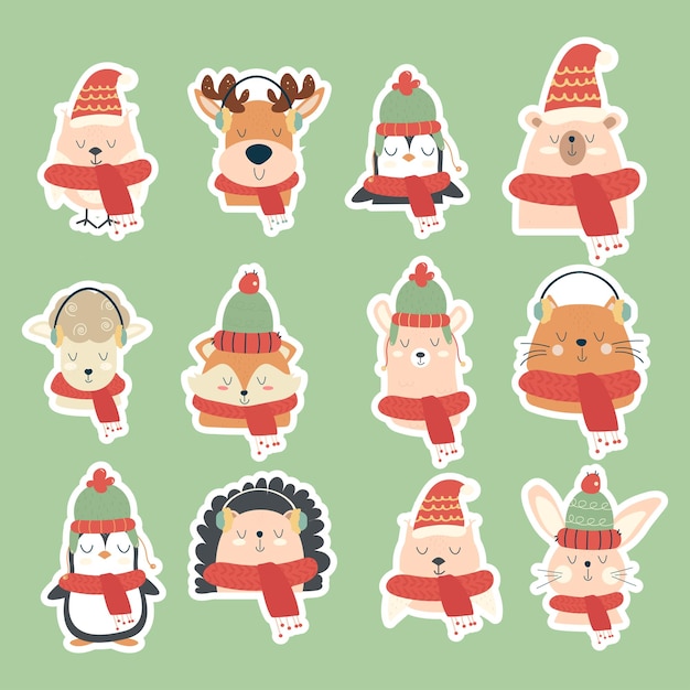 Collection stickers of hand drawn different animals in scarves hat Winter autumn Christmas