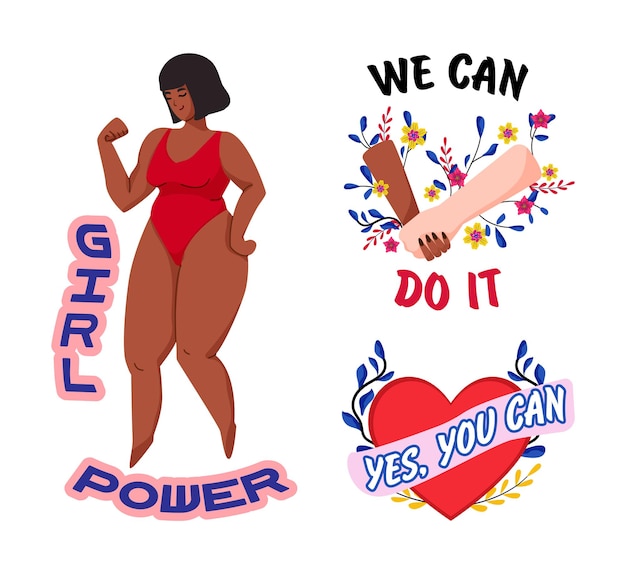 Vector collection of stickers and illustrations of feminism and women's independence flat illustrations on a white background
