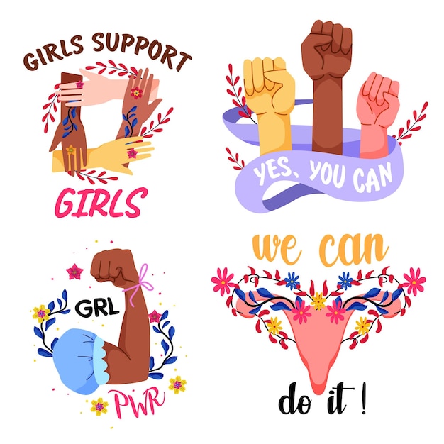 Vector collection of stickers and illustrations of feminism and women's independence flat illustrations on a white background