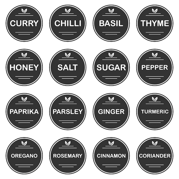 Collection of stickers or labels for jars of spices .Set of 16 vector round stickers with names.