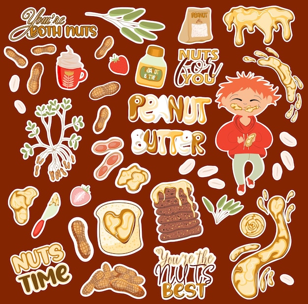 Collection of stickers with cute funny peanut butter.Cute cartoon character in eating peanut butter.