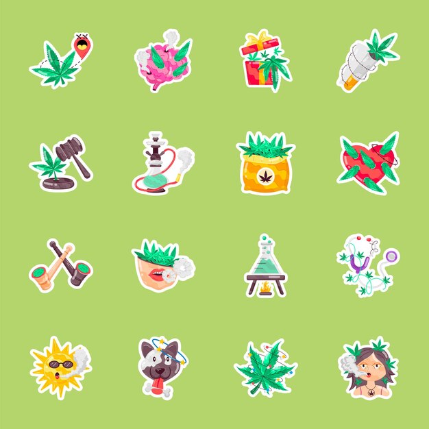 a collection of stickers with a green background with a picture of a cat and a cat on it