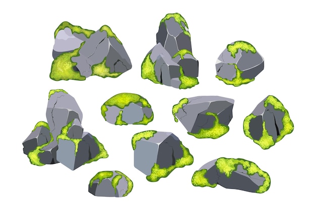 Collezione di pietre di varie forme e piante per giochi per computer isolati su sfondo biancociottoli costiericiottolighiaiaminerali e formazioni geologicheframmenti di rocciamassi