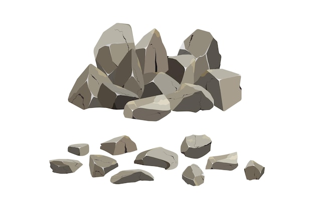 さまざまな形や植物の石のコレクション沿岸の小石丸石砂利鉱物と地層岩の破片巨石と建材ベクトル図