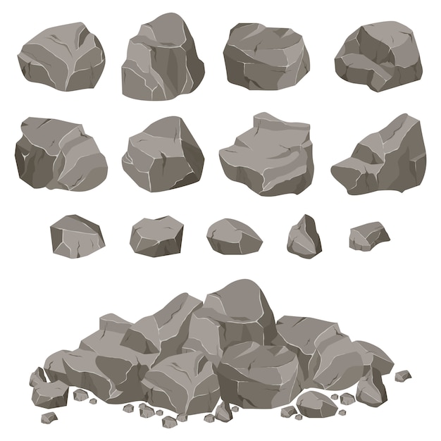 Collection of stones of various shapes. Stones and rocks in isometric 3d flat style.