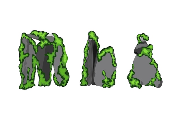 Vector collection of stones of various shapes with green mosscoastal pebblescobblestonesgravelminerals and geological formations with green lichenrock fragmentsboulders and building material