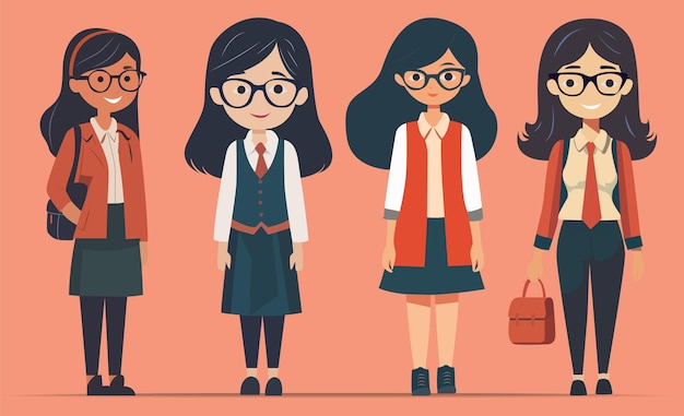 Collection of student girl cartoon illustration