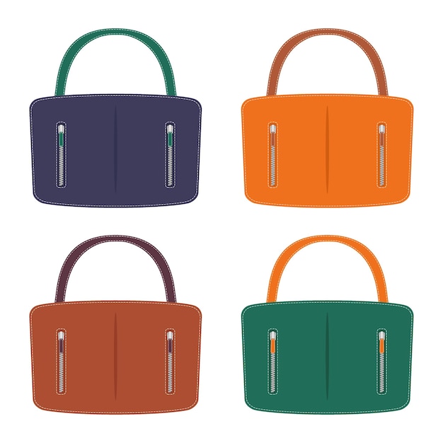 Collection of stylish colorful leather handbags with zip pockets