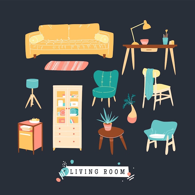 Collection of stylish comfy furniture home decorations Bundle of cozy furnitures icons