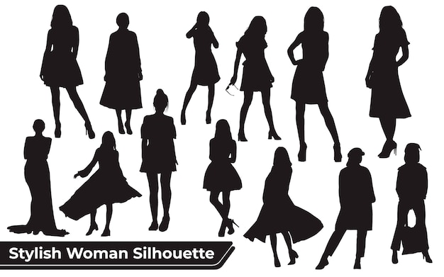 Vector collection of stylish woman silhouettes in different poses