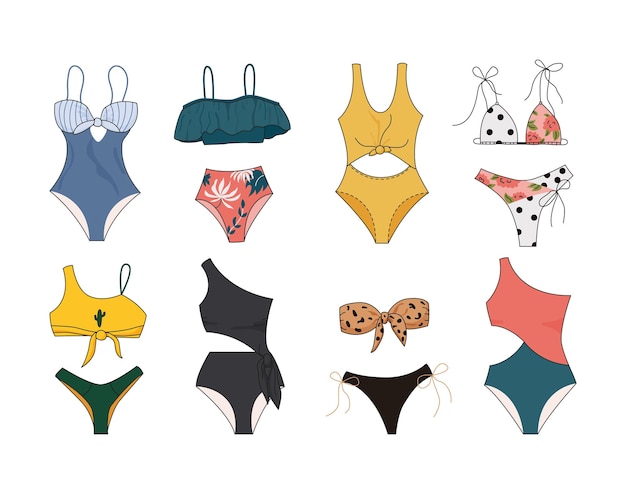 Vector collection of stylish women's swimwear on white background various fashionable summer models