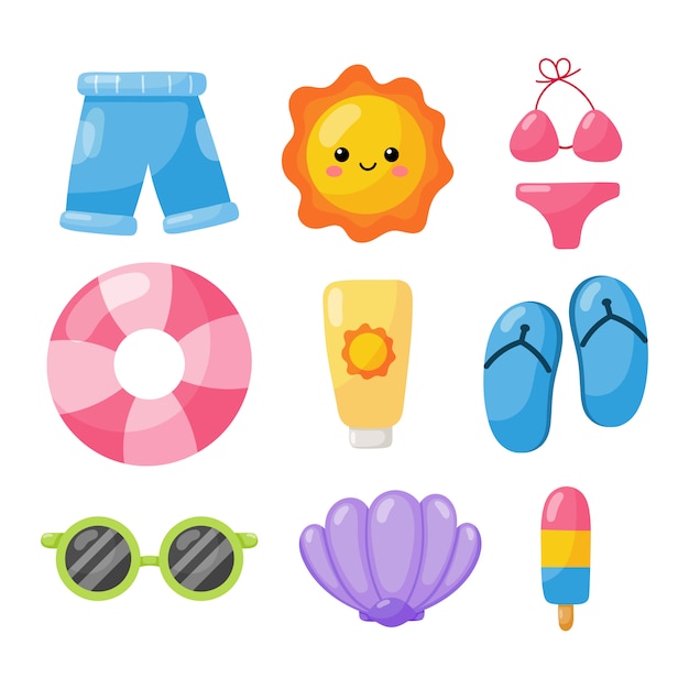 Vector collection of summer icons isolated on white .