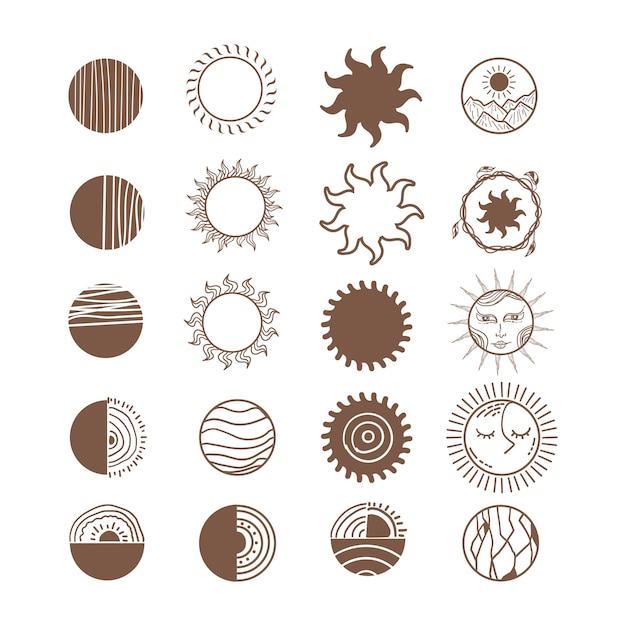 Collezione di sole disegnati a mano. loghi, icone e simboli lineari bohémien. boho sunrise logo design illustrazione vettoriale di linea arte. vari elementi di design geometrico minimalista.