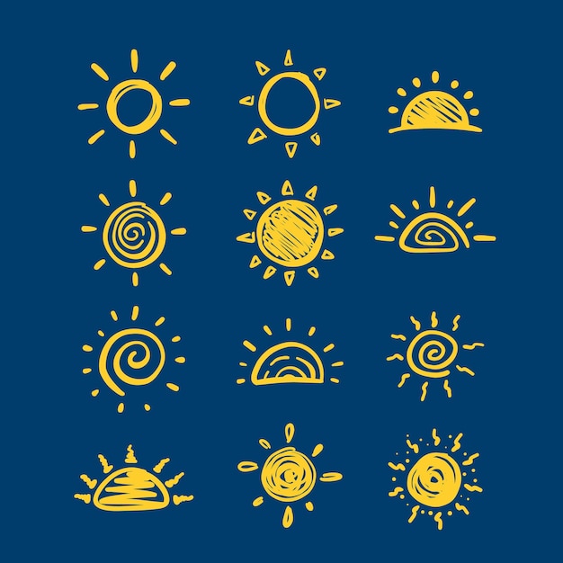 Vettore collezione di sole e alba disegnato a mano doodle icona per bambini disegno illustrazione design