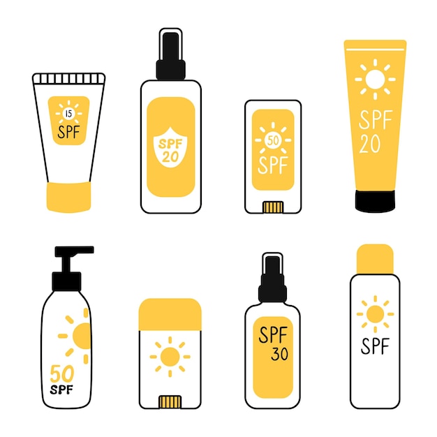 Collection of sunscreen products in doodle cartoon flat style Cream bottles and spray with SPF