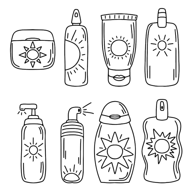 Collection of sunscreens in hand drawn doodle style vecctor doodle elements set coloring pages