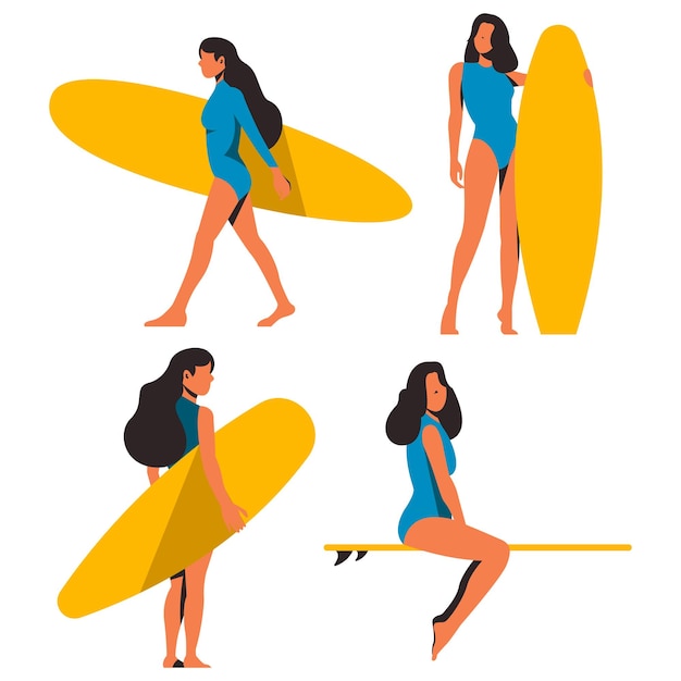 Collection of surfer boys with surfboards in summer