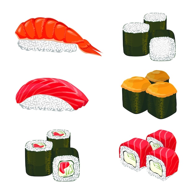 Collection of sushi types.  banner of asian rolls with white rice, salmon and other ingredients. four groups of sushi and two rice piles covered with salmon and piece of sea fish on white.