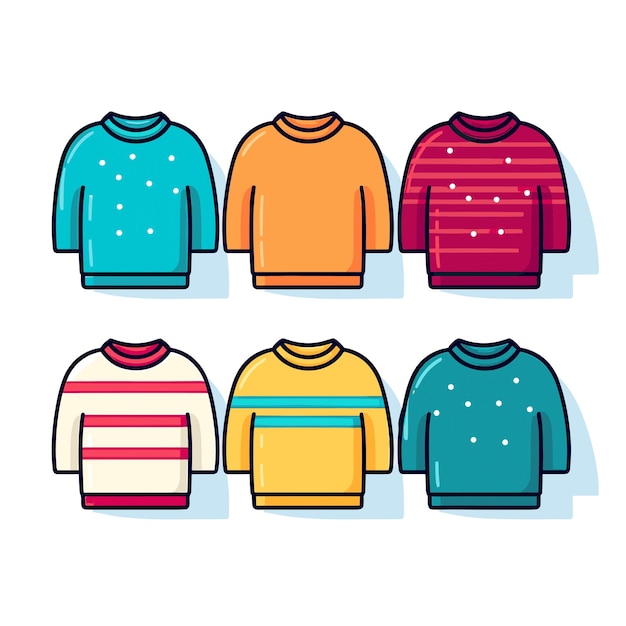 A collection of sweaters with different colors and a sweater on the front.