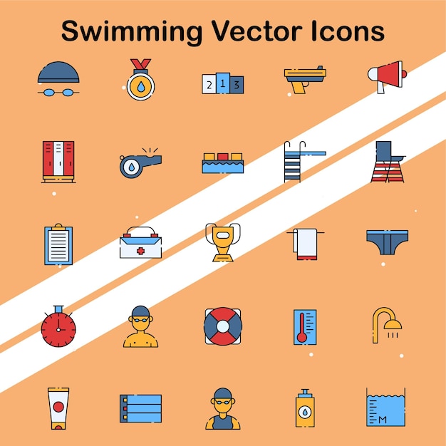 Collection of swimming icons depicting water sports and swimming gear ideal for fitness
