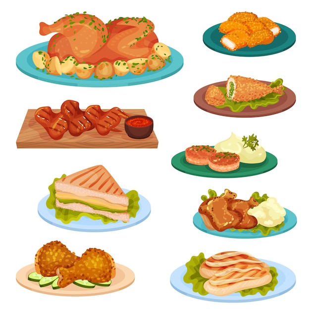 Collection of tasty poultry dishes fried chicken meat cutlets sandwich served on plates vector Illustration isolated on a white background