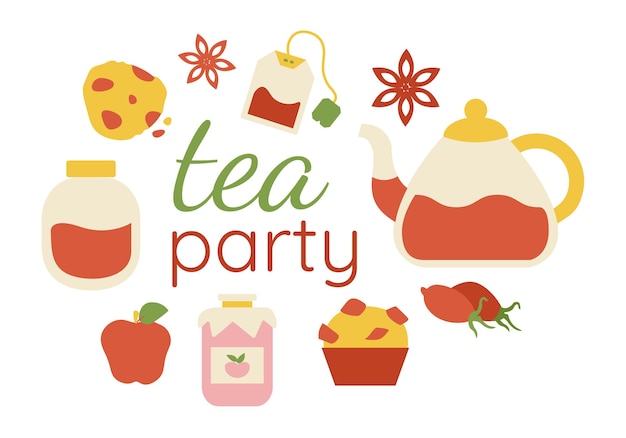 Collection tea party food and drink muffins tea jam rosehip and apple vector illustration