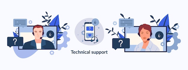 Raccolta di illustrazioni di supporto tecnico. operatori di call center maschi e femmine