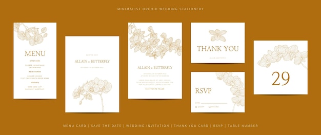 Collection of template wedding stationery with minimalist hand drawn orchid flower