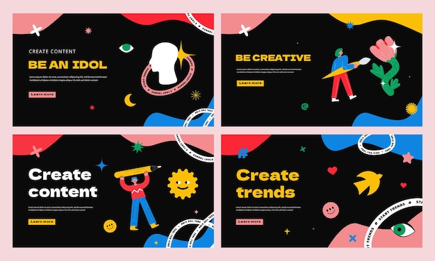 Vector a collection of templates for a website with characters with pencil and brush different shapes