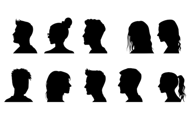 Vector collection of ten black and white human silhouettes in profile vie vector simple set