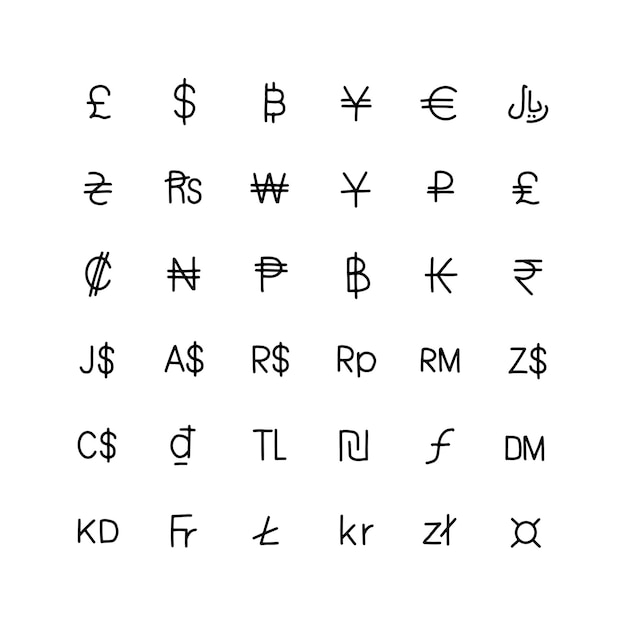 Vector collection of textured currency signs.